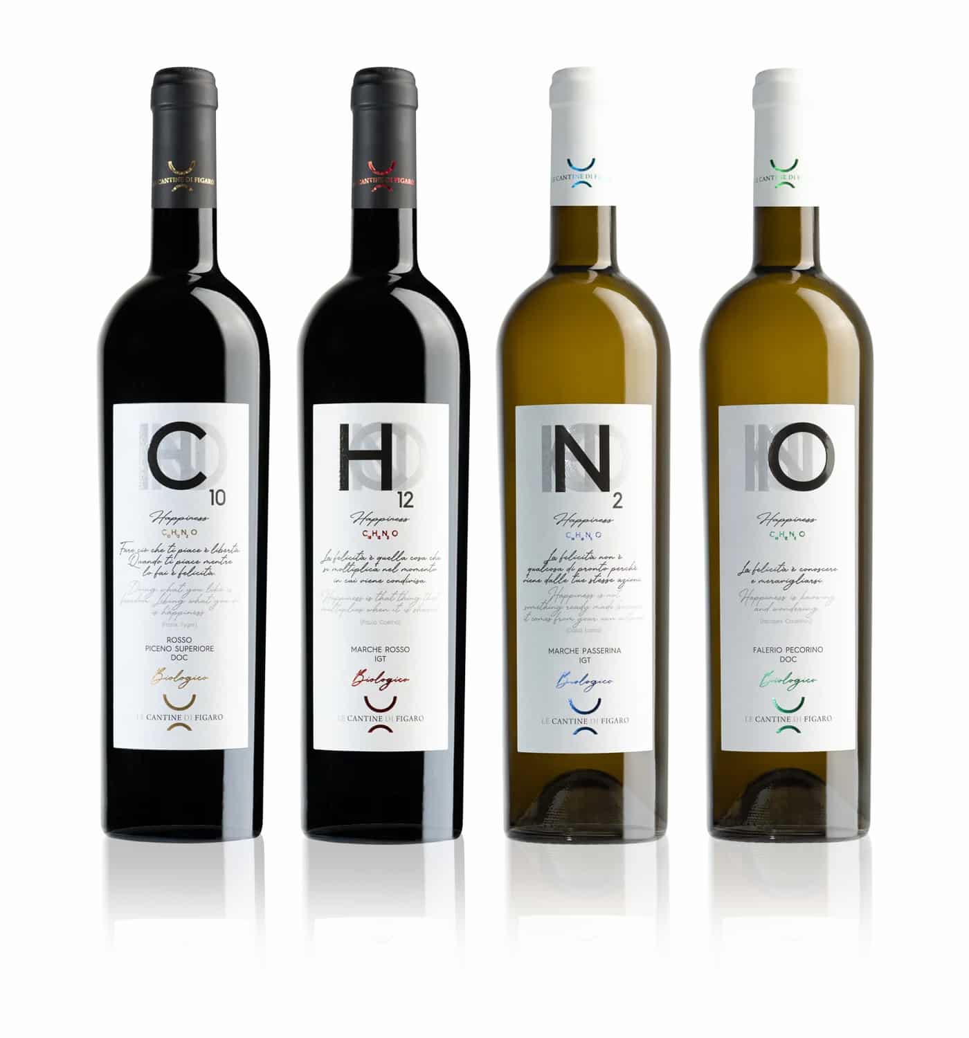 Damiano Misciali - Grafica Etichette vino e olio - grafica cataloghi, progettazione depliant, packaging, loghi | Progettazione grafica etichette vino linea "Happiness" - Le Cantine di Figaro - Ripatransone (AP)